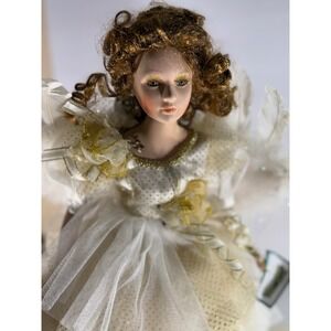 Collectible Angel‎ Doll Porcelain Face White Gold Gown Feathers Wings